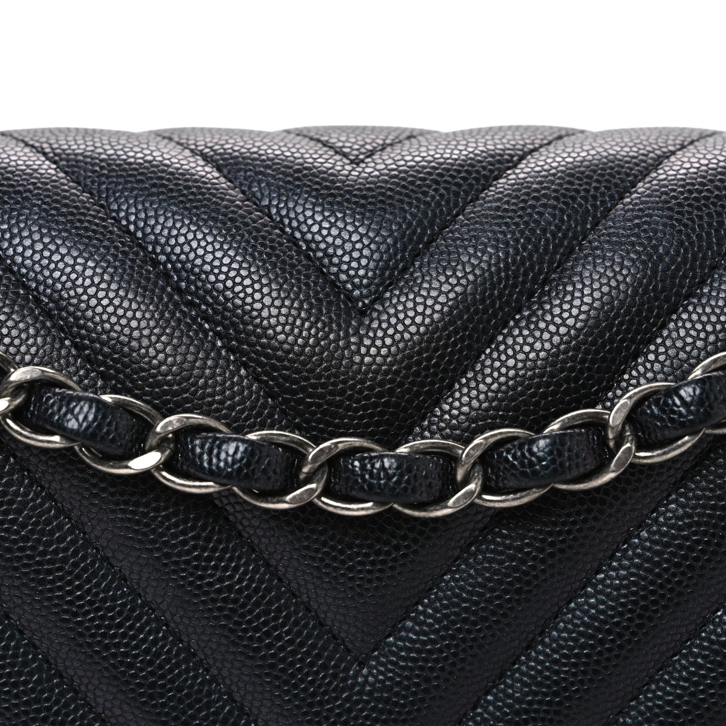 Iridescent Caviar Chevron Quilted Medium Double Flap Black