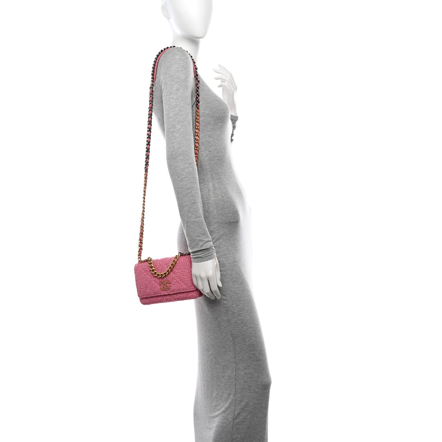 Wool Tweed Lambskin Quilted Chanel 19 Wallet On Chain WOC Pink
