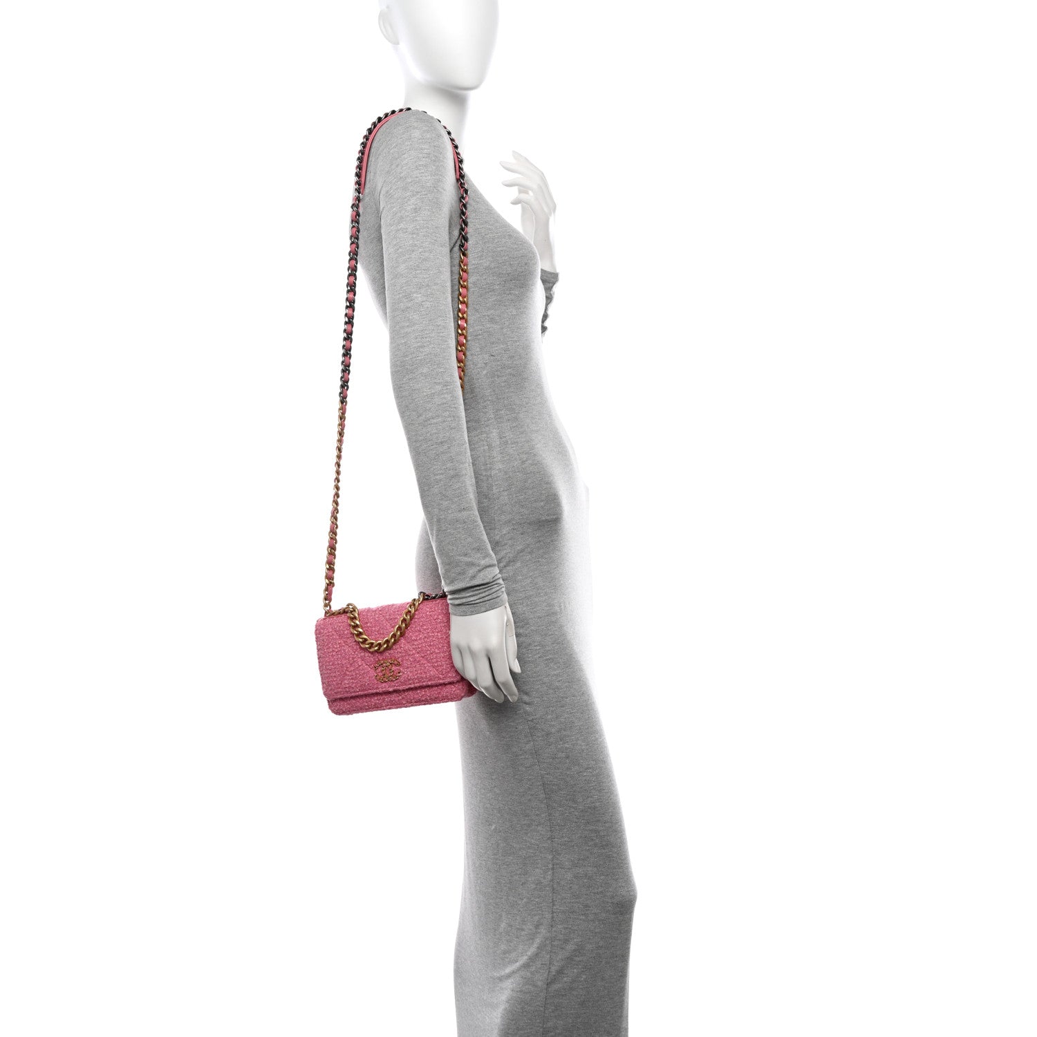Chanel Wool Tweed Lambskin Quilted Chanel 19 Wallet On Chain WOC Pink 2 of 13