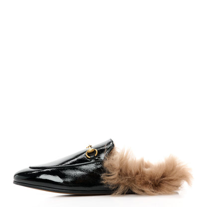 Gucci Patent Fur Womens Princetown Slippers 39.5 Black Natural 1 of 7