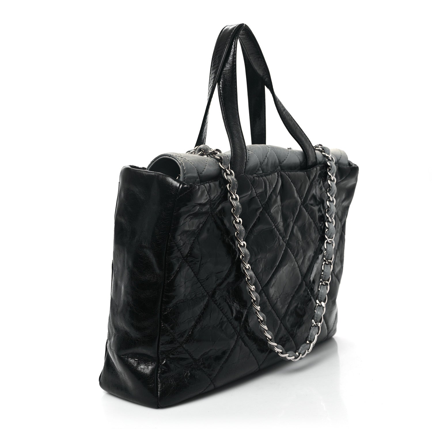 Chanel Glazed Calfskin Lambskin Quilted Portobello Tote Black Grey 3 of 11