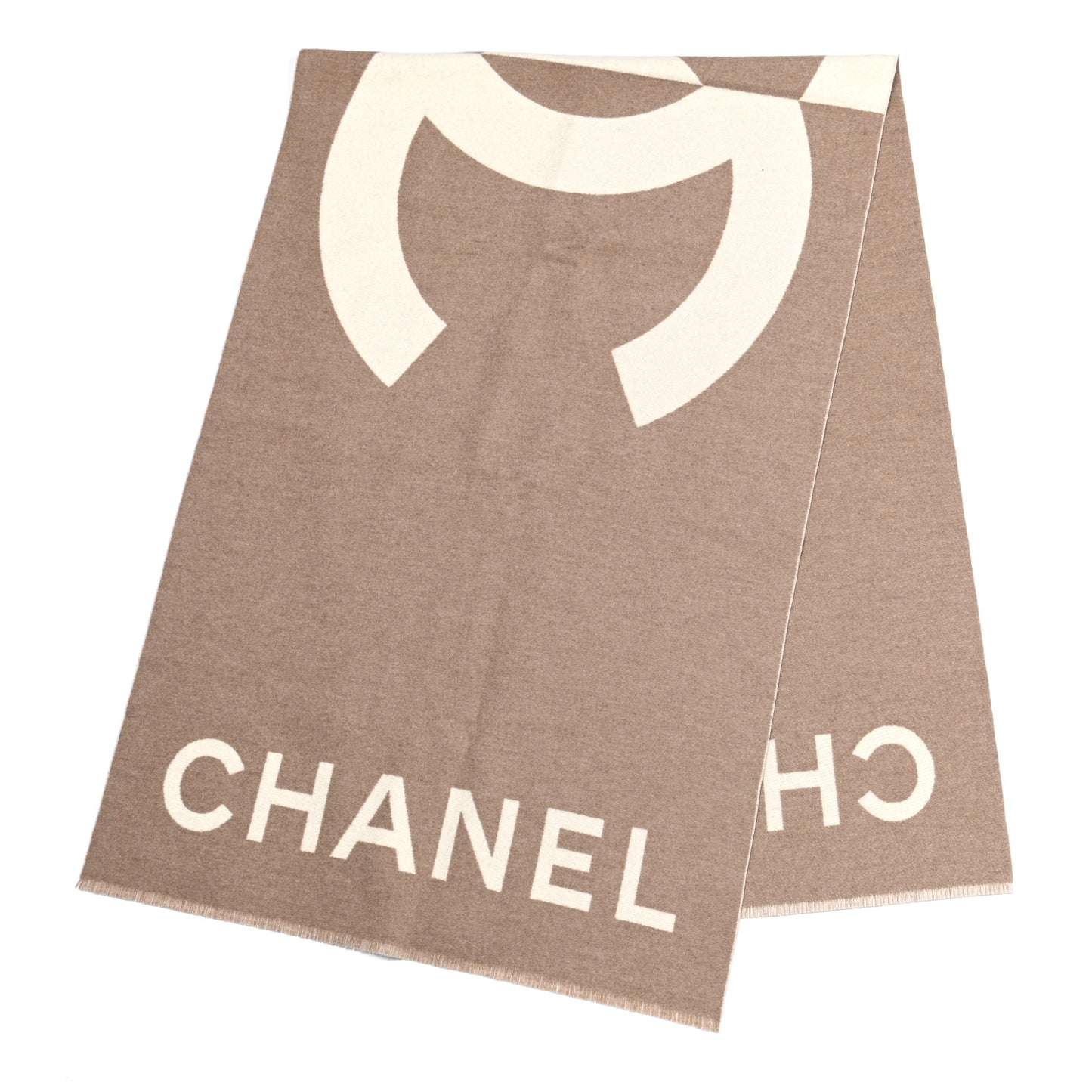Cashmere CC Fringe Stole Beige White
