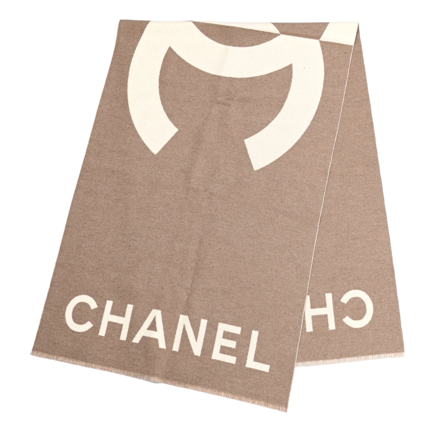Chanel Cashmere CC Fringe Stole Beige White 3 of 9