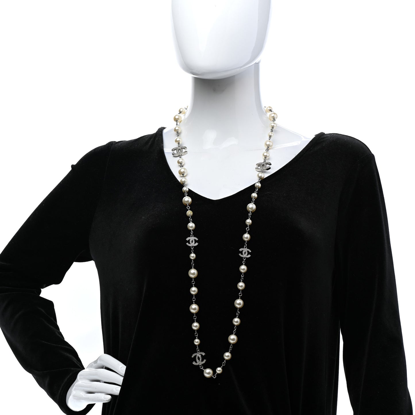 Graduated Pearl Crystal CC Long Necklace Silver