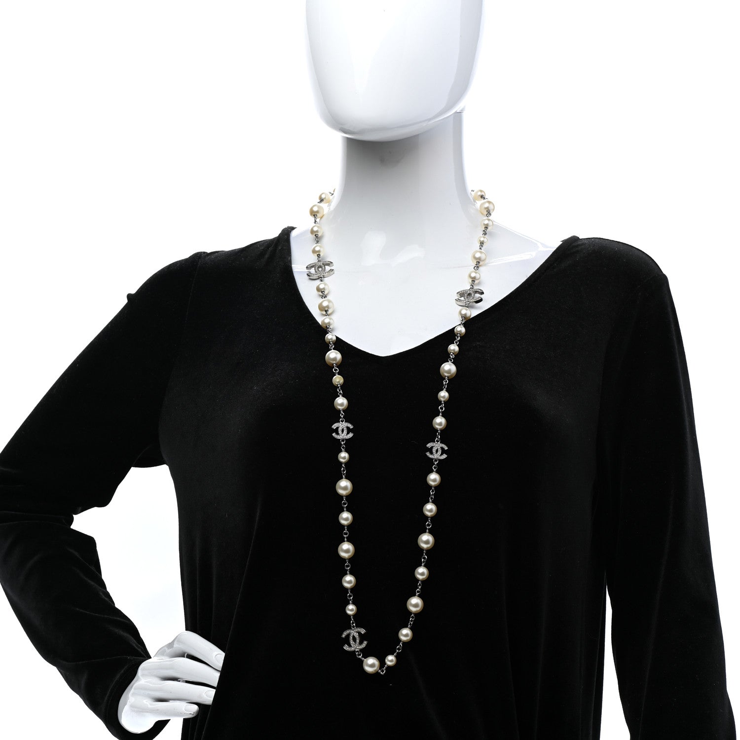 Chanel Graduated Pearl Crystal CC Long Necklace Silver 2 of 6