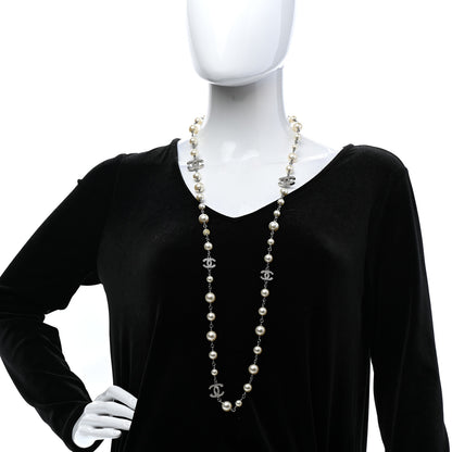 Chanel Graduated Pearl Crystal CC Long Necklace Silver 2 of 6