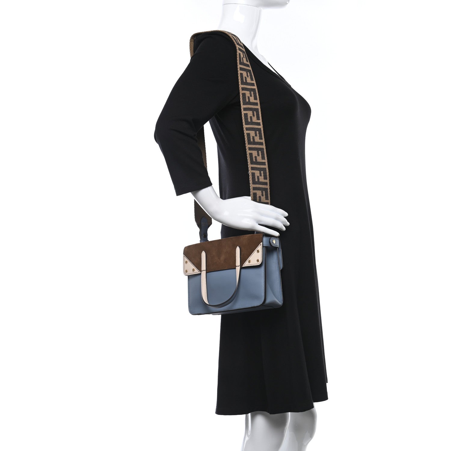 Fendi Vitello Grace Suede Small Flip Tote Azzurro Merlino Marrone Camelia 2 of 9