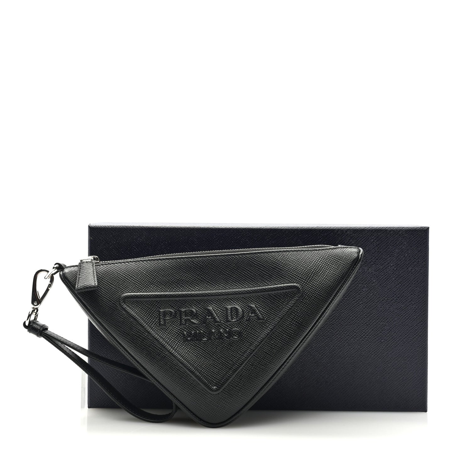 Saffiano Cuir Triangle Logo Embossed Triangle Wristlet Black