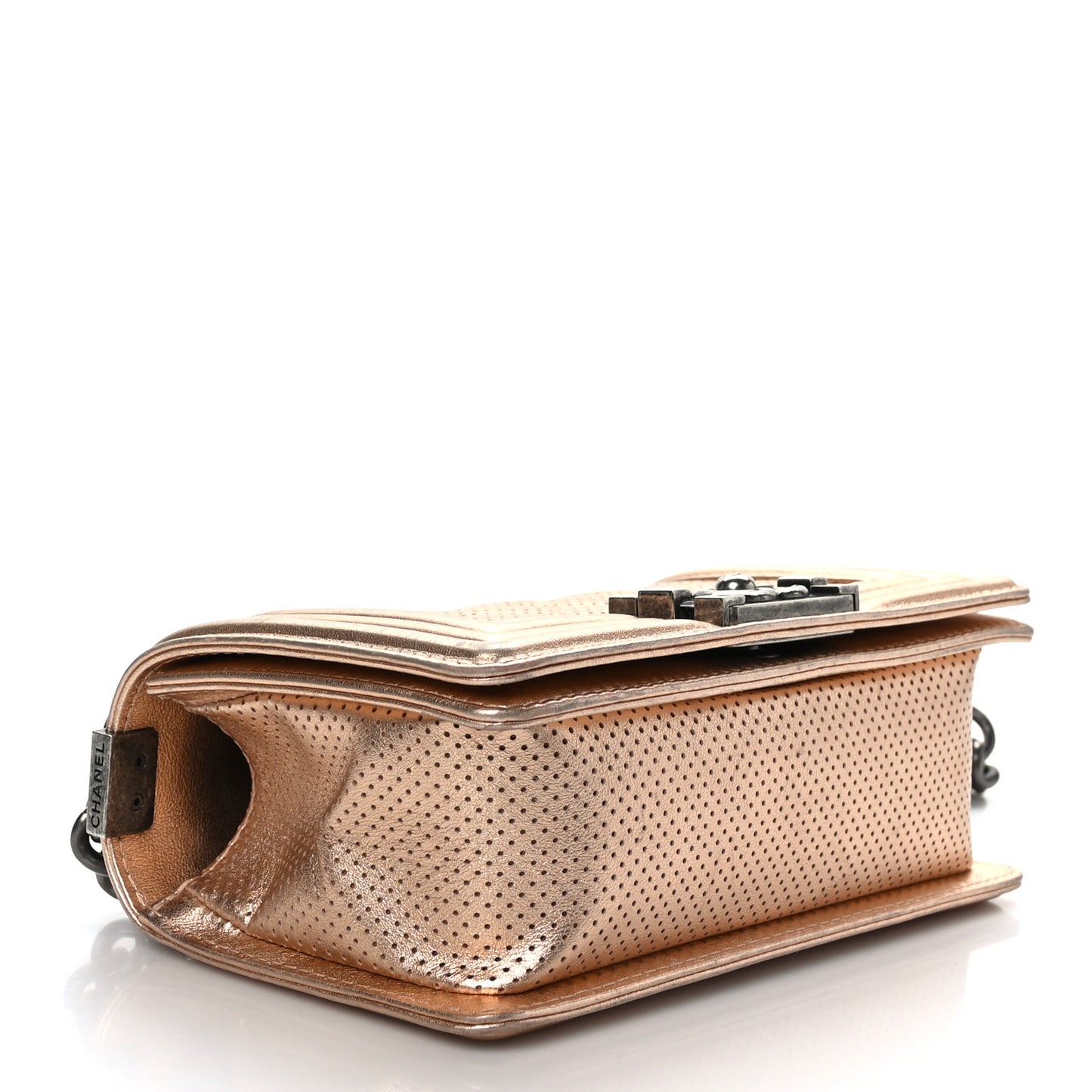 Metallic Calfskin Perforated Small Boy Flap Gold