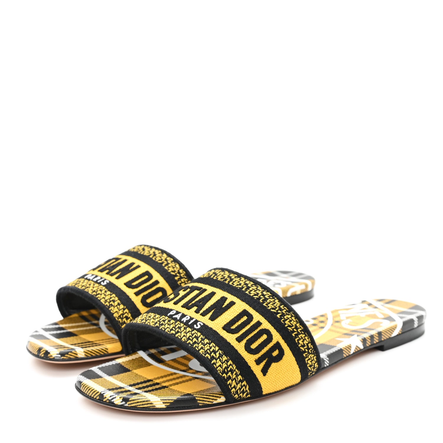 Christian Dior Canvas Union Check Embroidered Dway Flat Slide Sandals 38.5 Black Yellow 4 of 10