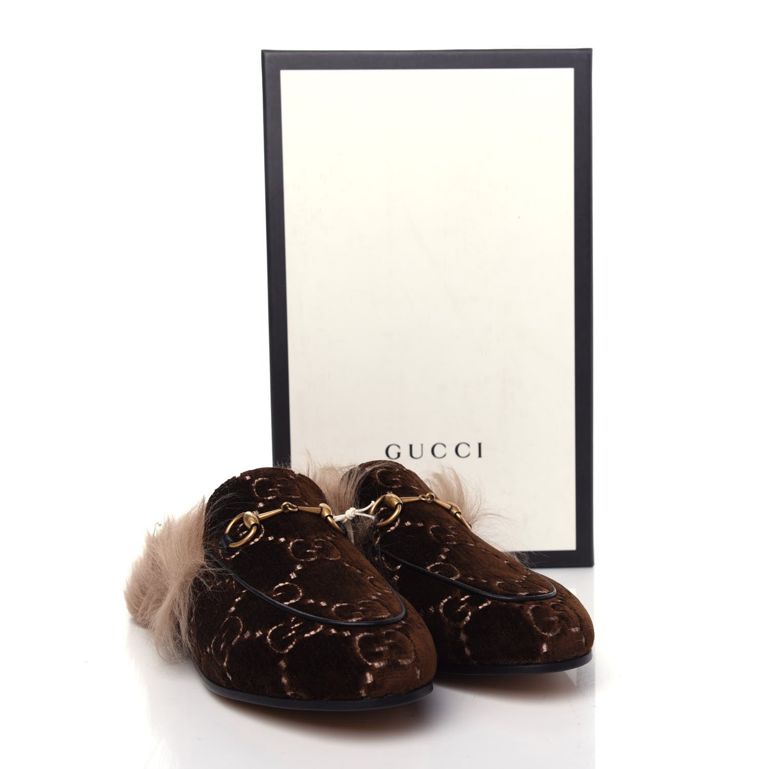 Gucci Velvet GG Monogram Fur Womens Princetown Slippers 39 Brown Black Natural 10 of 10