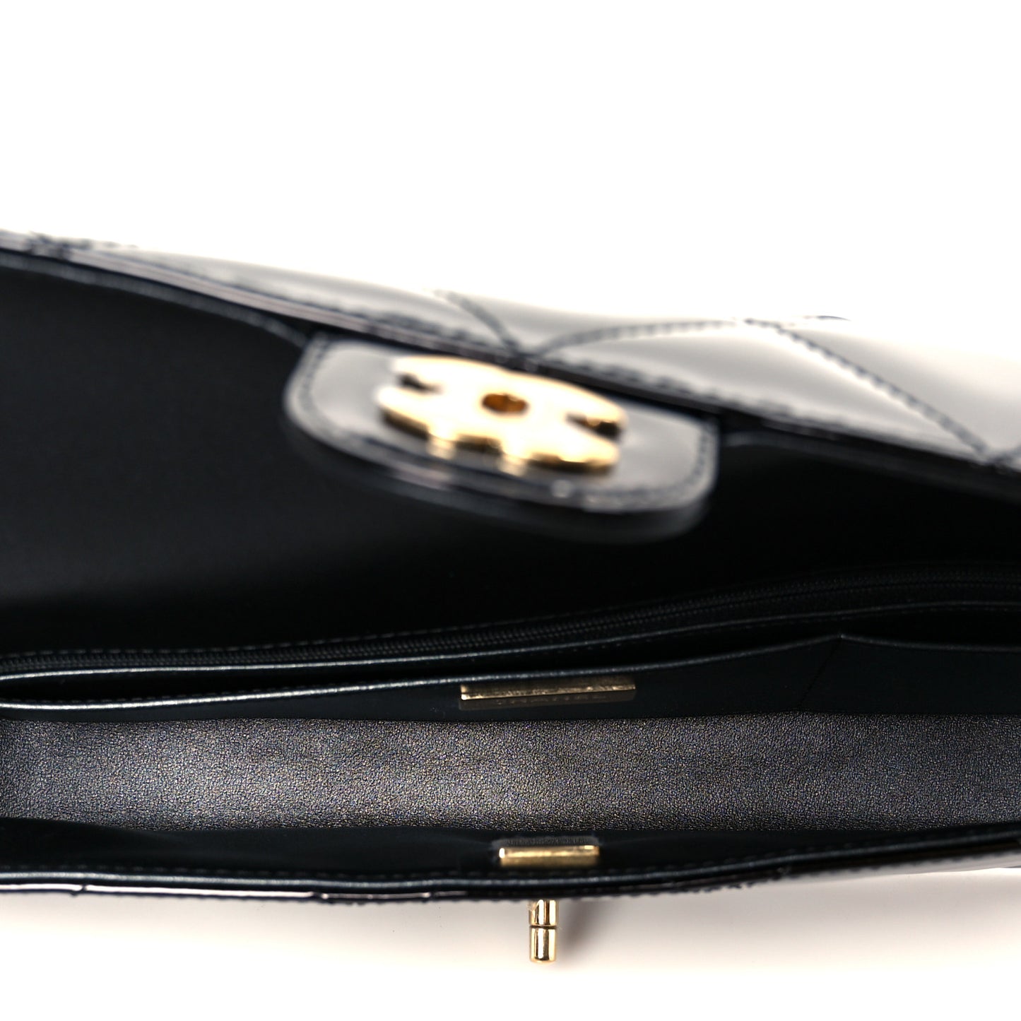 Metallic Mirror Calfskin Large Top Handle Clutch With Chain  Black