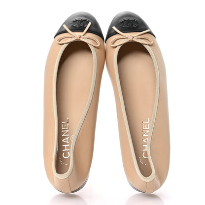 Chanel Lambskin Cap Toe CC Ballerina Flats 40 Beige Black 2 of 9