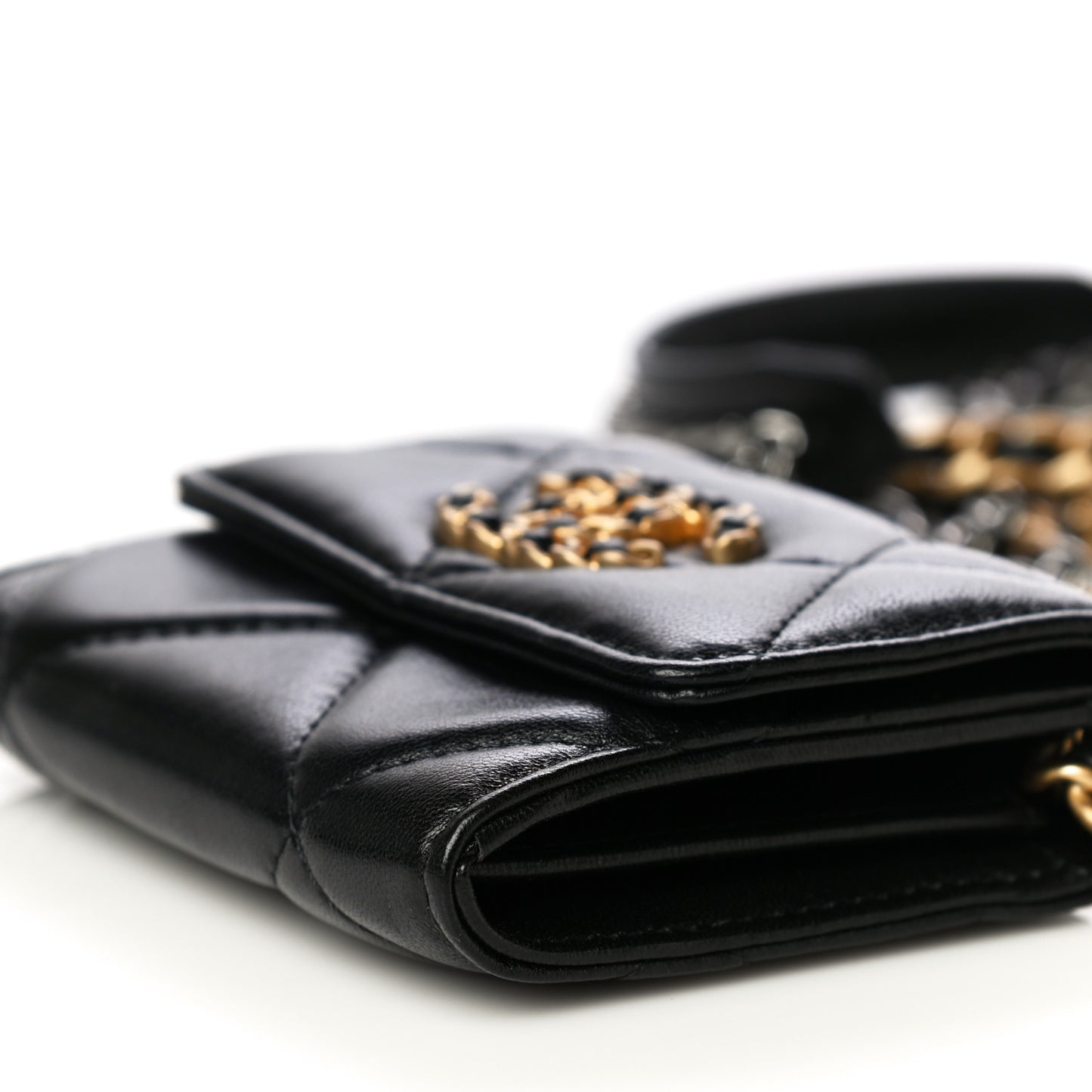 Shiny Goatskin Quilted 19 Flap Coin Purse With Chain Black