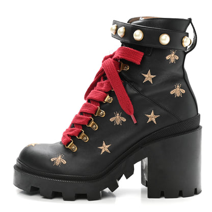 Gucci Calfskin Pearl Lace Up Combat Ankle Boots 40 Black 1 of 10
