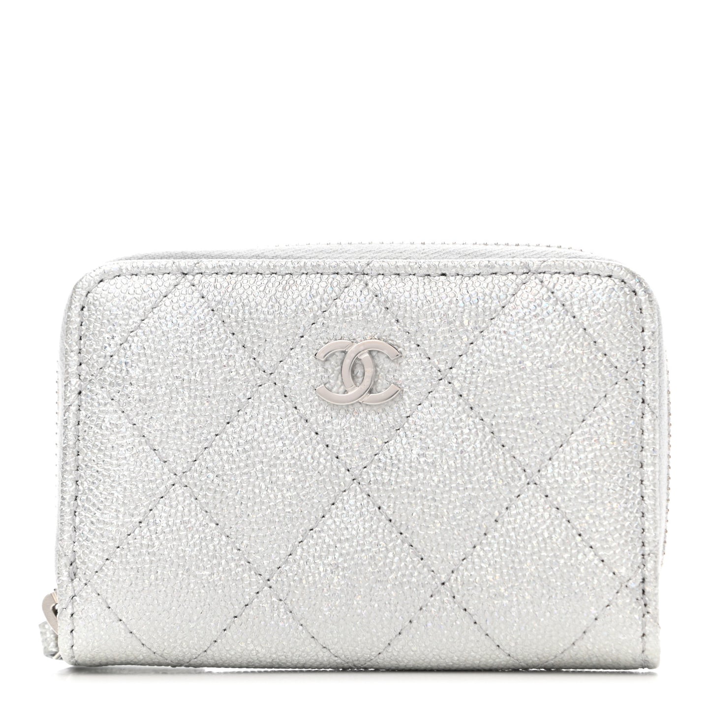 Glittered Metallic Caviar Quilted Zip Coin Purse Wallet Silver