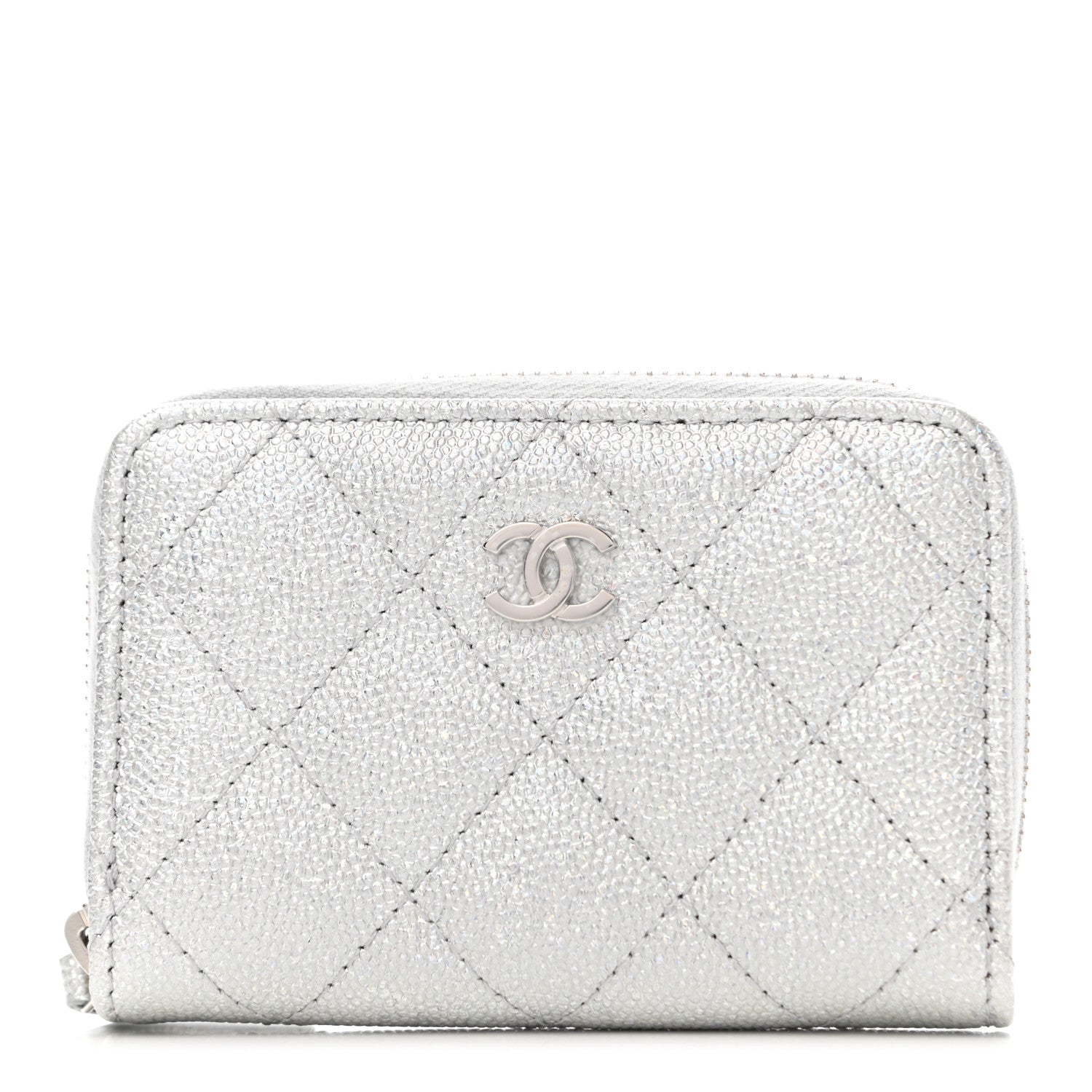 Chanel Glittered Metallic Caviar Quilted Zip Coin Purse Wallet Silver 1 of 7