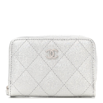 Chanel Glittered Metallic Caviar Quilted Zip Coin Purse Wallet Silver 1 of 7