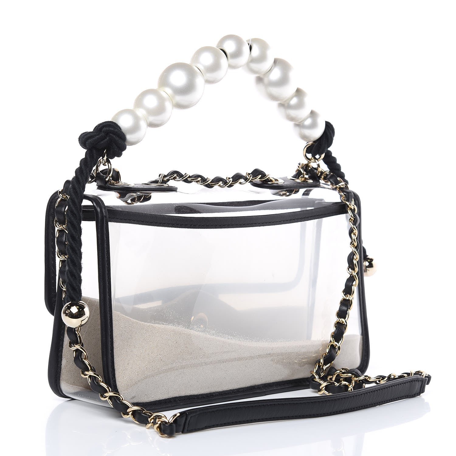 Chanel Lambskin PVC Sand By The Sea Flap With Pearl Strap Black