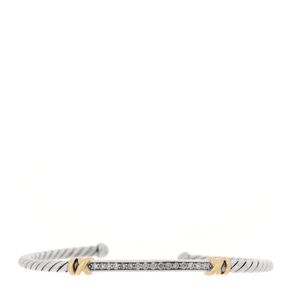 David Yurman Sterling Silver 18K Yellow Gold Diamond Petite Helena Classic Cable Station Bracelet 1 of 3