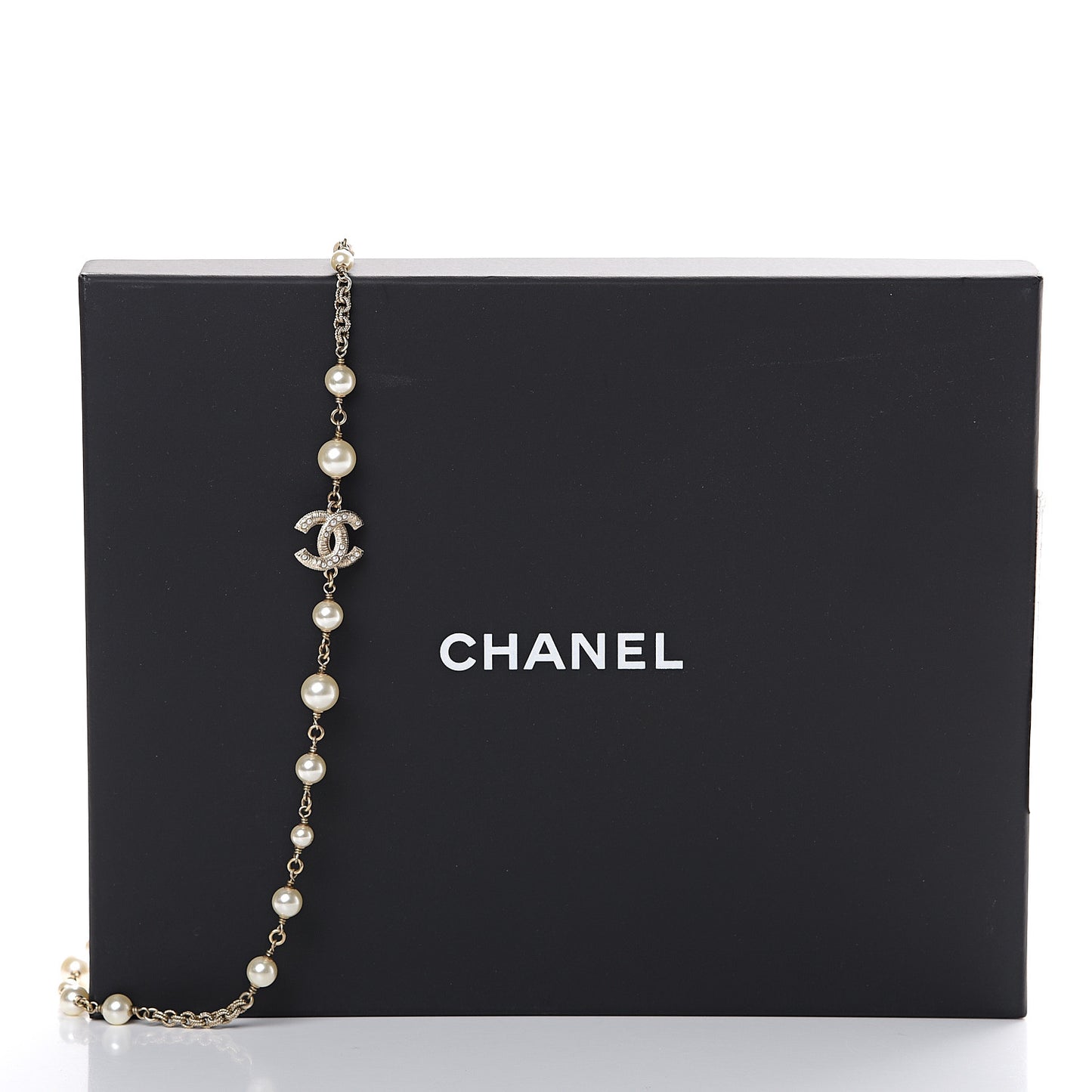 Crystal Pearl CC Long Necklace Gold