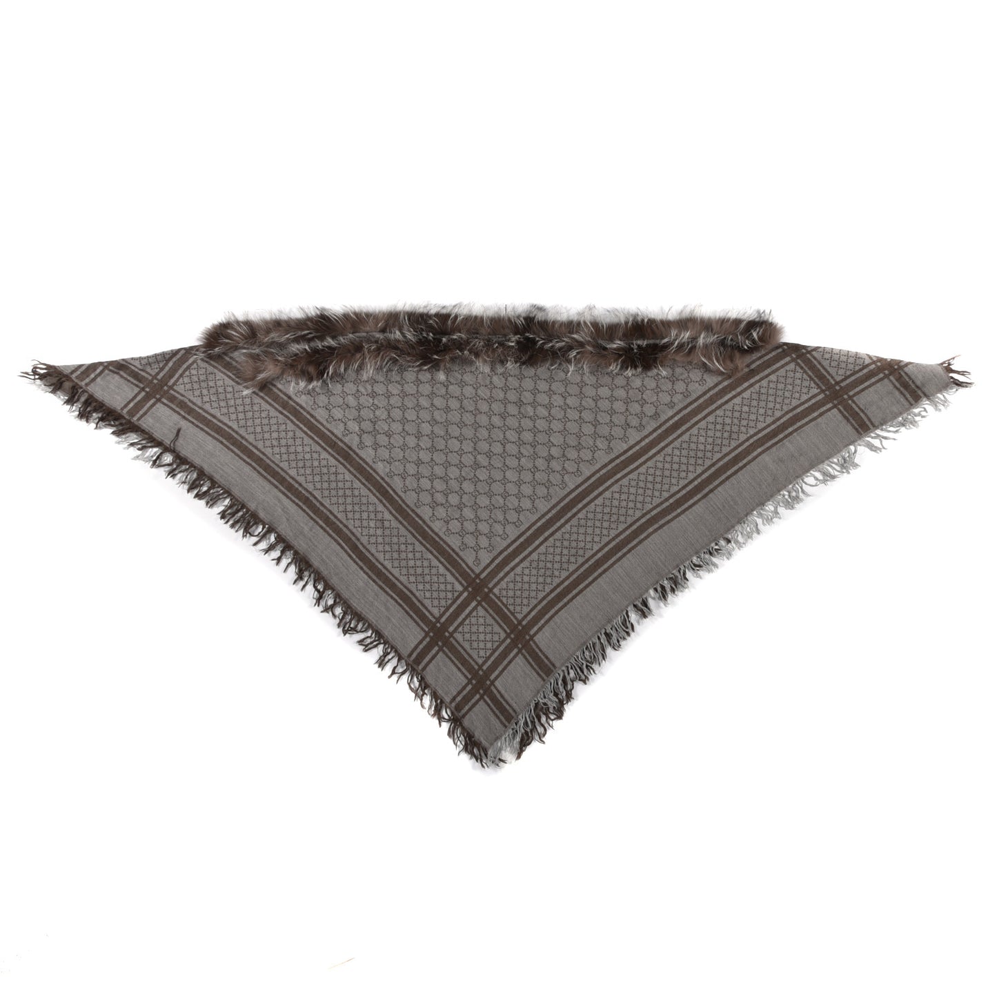 Wool Silk Fox Fur Monogram Shawl Scarf Brown