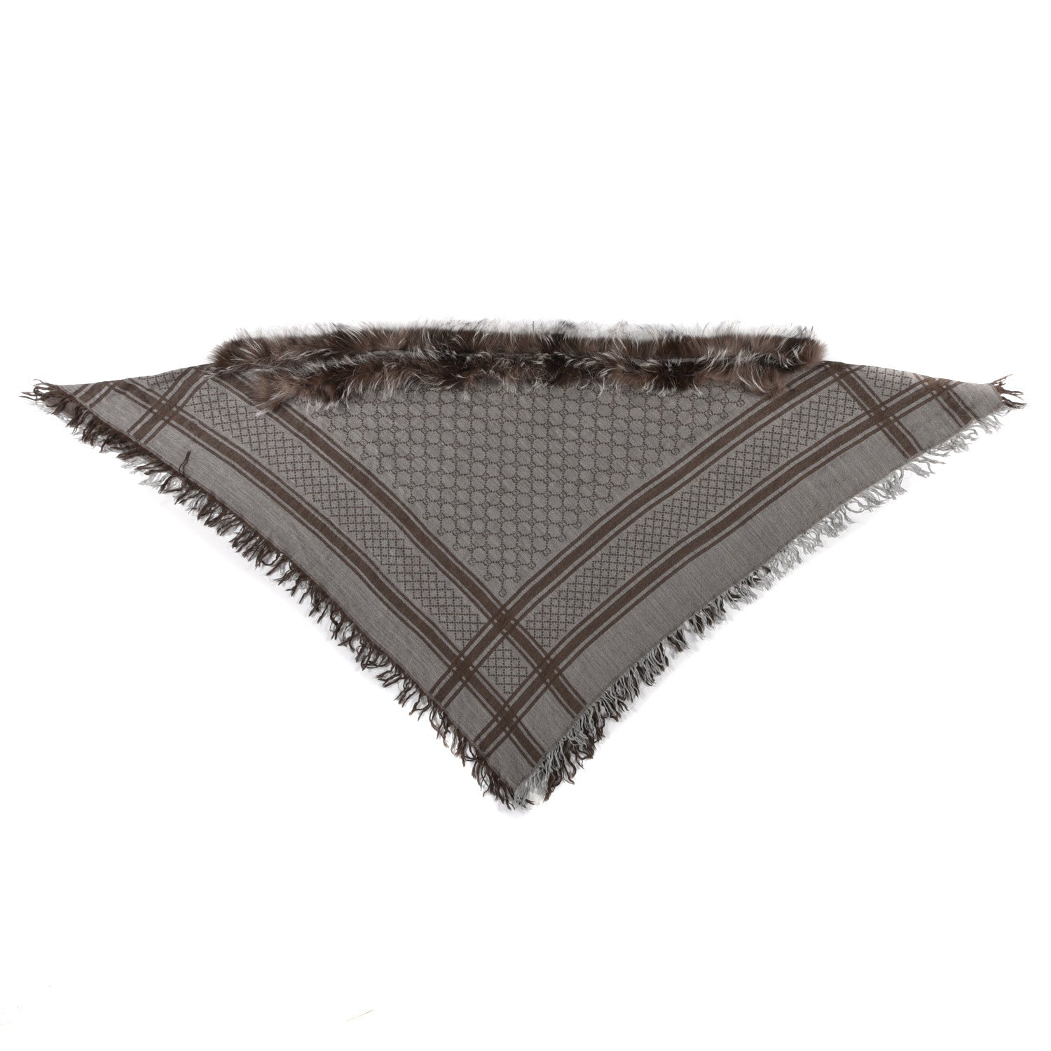 Gucci Wool Silk Fox Fur Monogram Shawl Scarf Brown 1 of 5