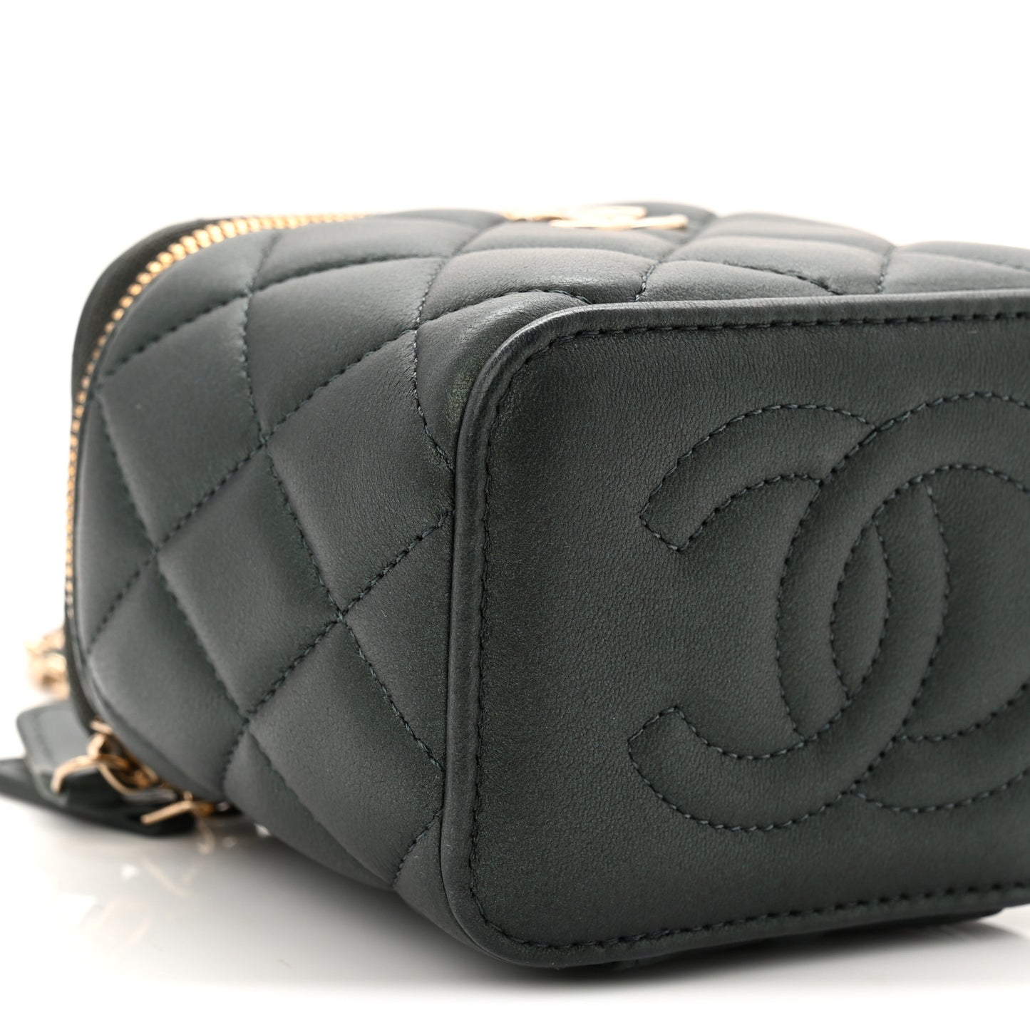 Iridescent Lambskin Quilted Mini Top Handle Vanity Case With Chain Dark Green