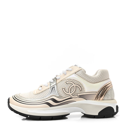 Chanel Fabric Laminated Calfskin Stretch CC Womens Sneakers 37.5 White Gold Silver 1 of 8