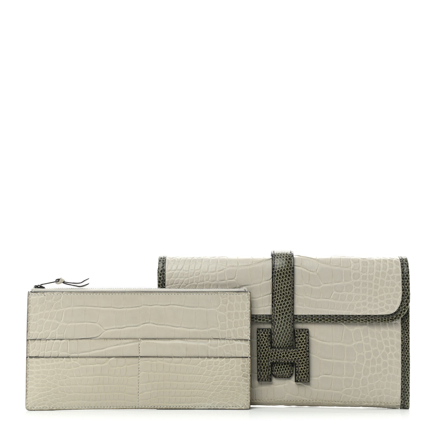 Hermes Matte Alligator Lizard Jige Duo Clutch Beton Vert Olive 1 of 8