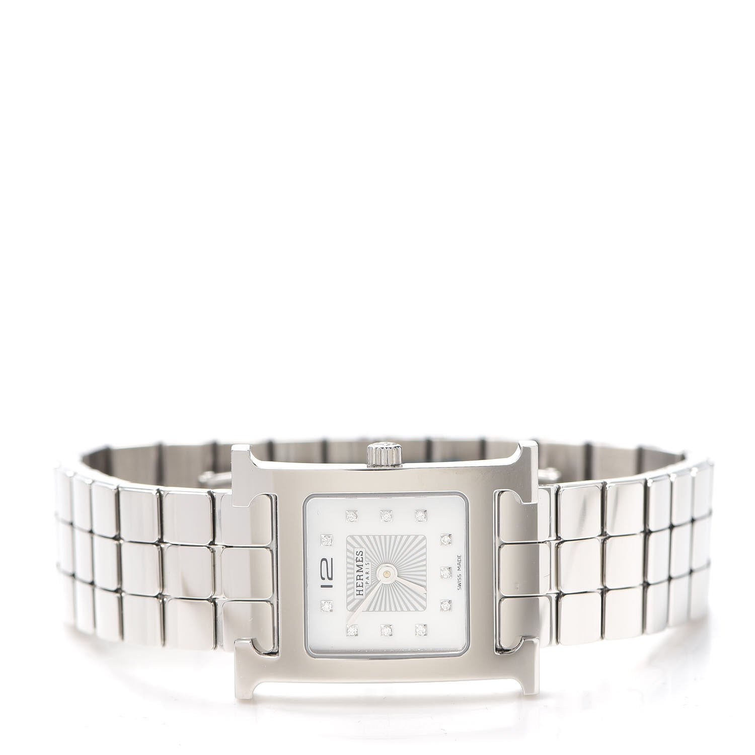 Hermes Stainless Steel Diamond Mother of Pearl 21mm Heure H Hour Quartz Watch 2 of 6