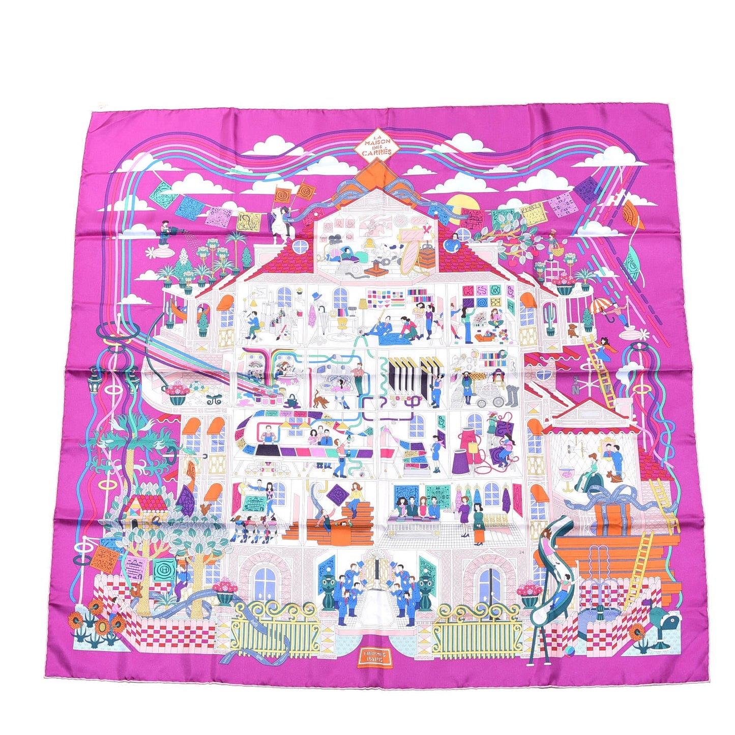 Silk La Maizeon des Carres Scarf 90 Fuchsia Blanc Multicolore