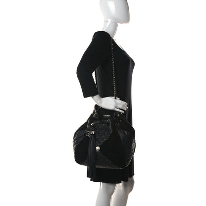 Chanel Goatskin Suede Calfskin Quilted Patchwork Drawstring Bag Black 2 of 14