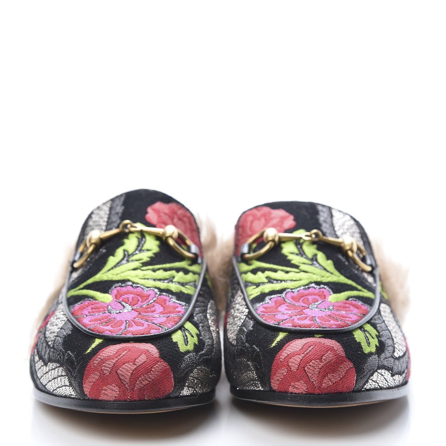 Brocade Fur Floral Womens Princetown Slippers 36 Black Anthracite
