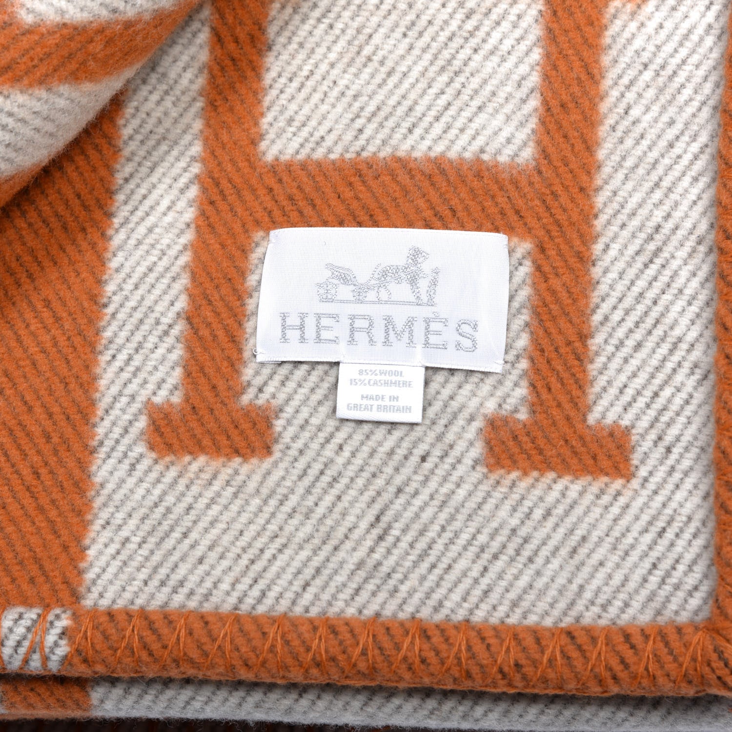 Hermes Wool Cashmere Signature Classic Avalon Blanket Ecru Potiron 3 of 3