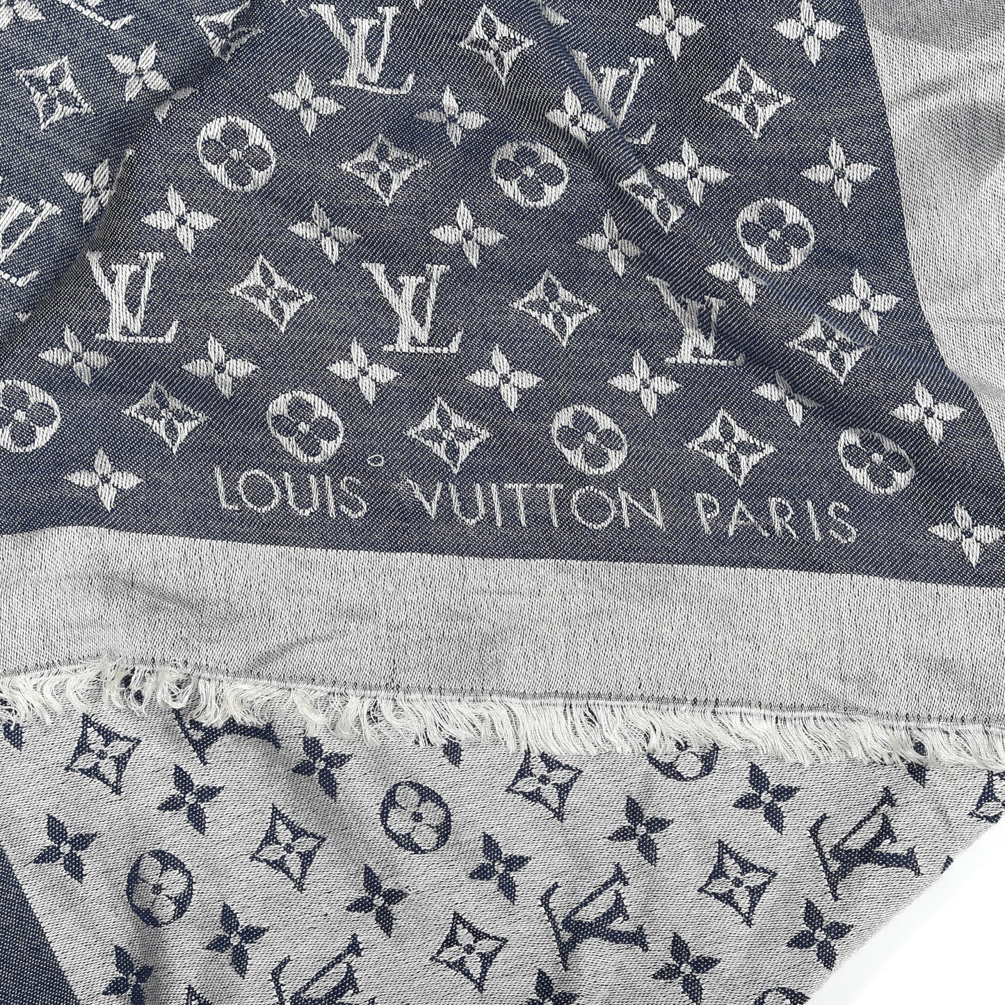 Wool Silk Monogram Denim Shawl Blue