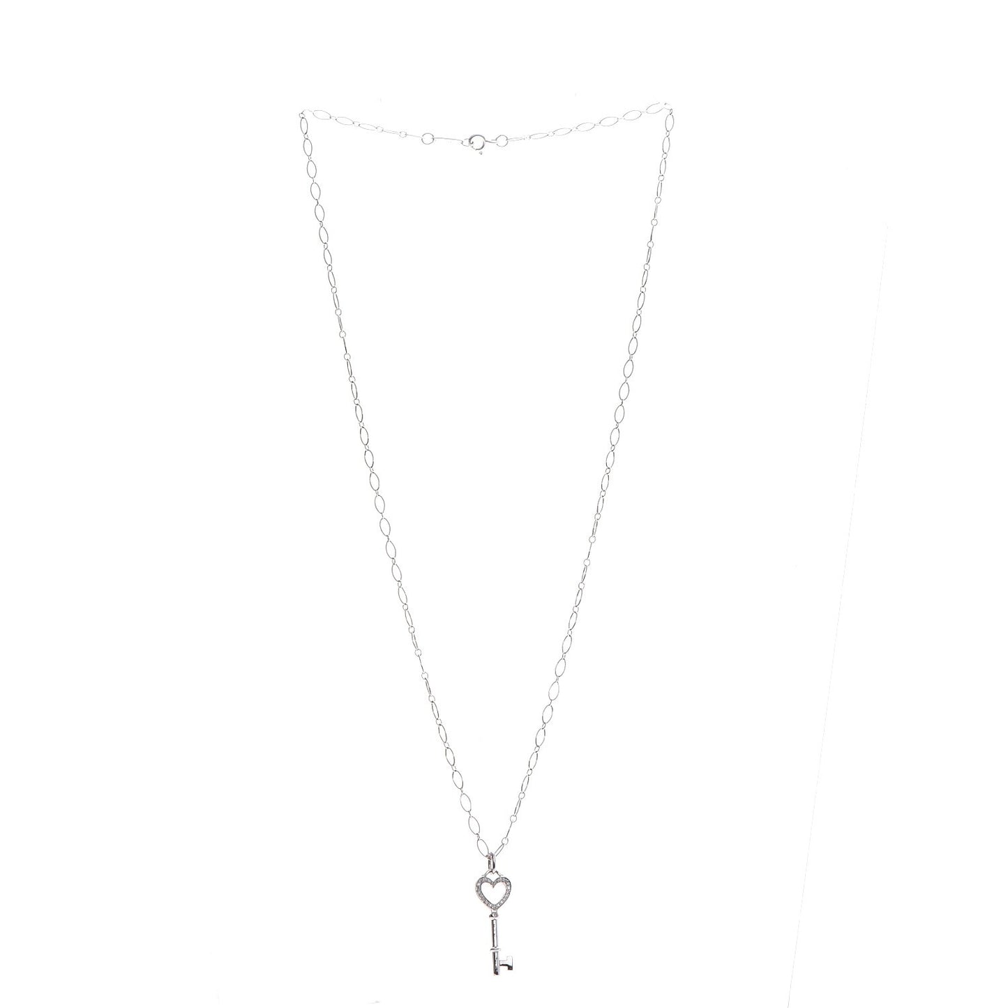 18K White Gold Diamond Mini Heart Key Charm Pendant Link Necklace
