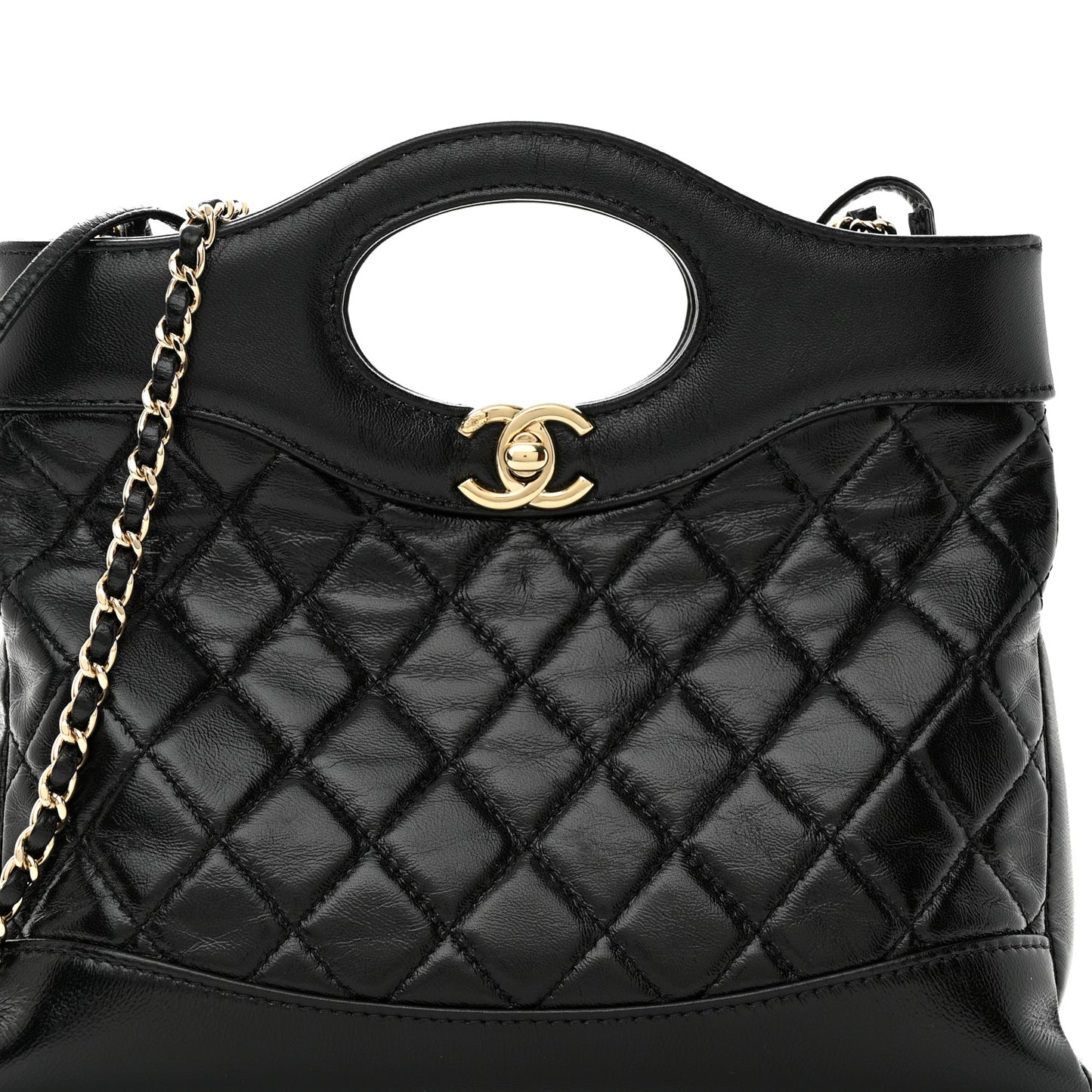 Shiny Crumpled Calfskin Quilted Mini 31 Shopping Bag Black