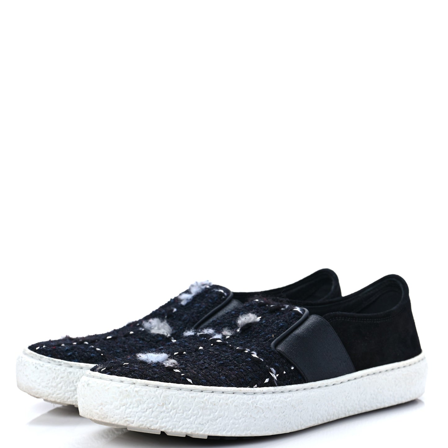 Suede Calfskin Tweed Womens Slip On Sneakers 36 Black Navy Silver