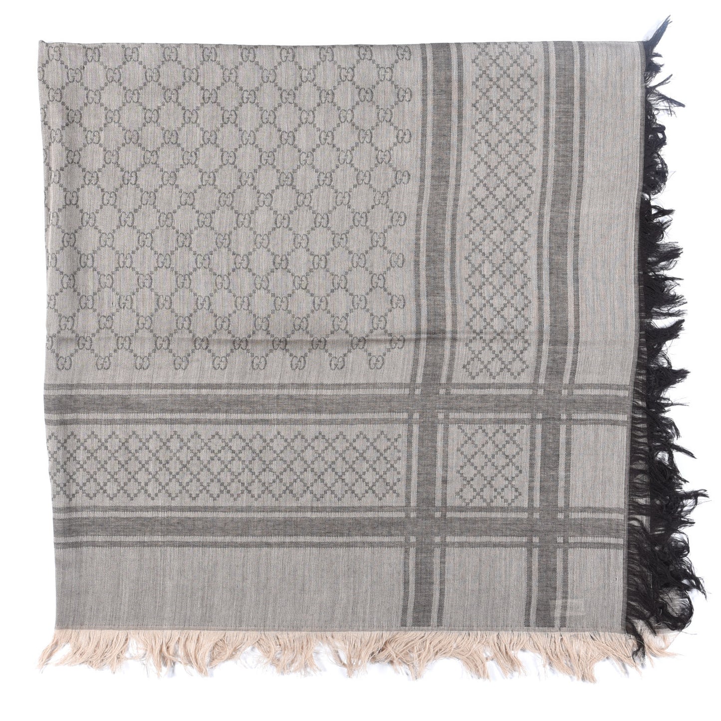 Wool Silk GG Monogram Diamante Plaid Surviee Shawl Beige Dark Brown