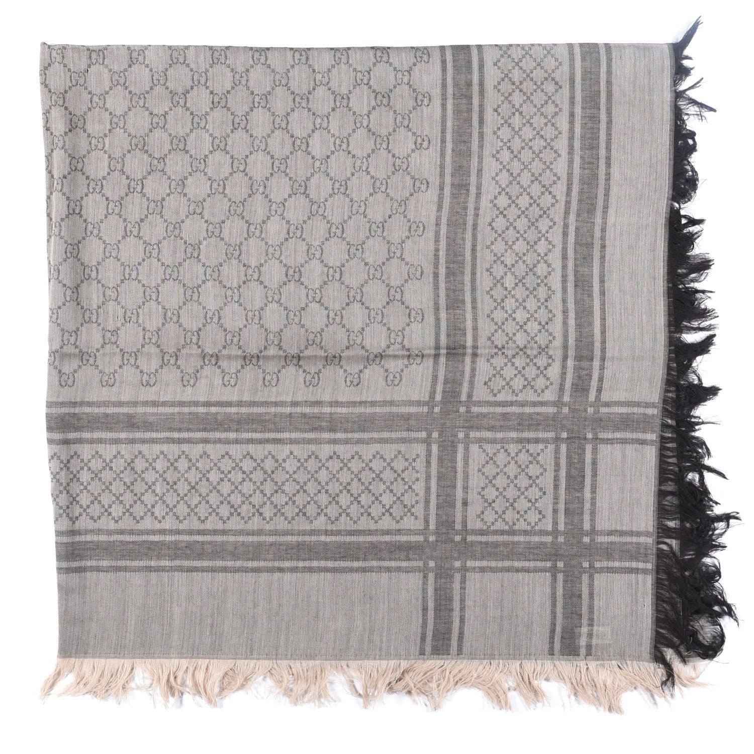 Gucci Wool Silk GG Monogram Diamante Plaid Surviee Shawl Beige Dark Brown 2 of 3