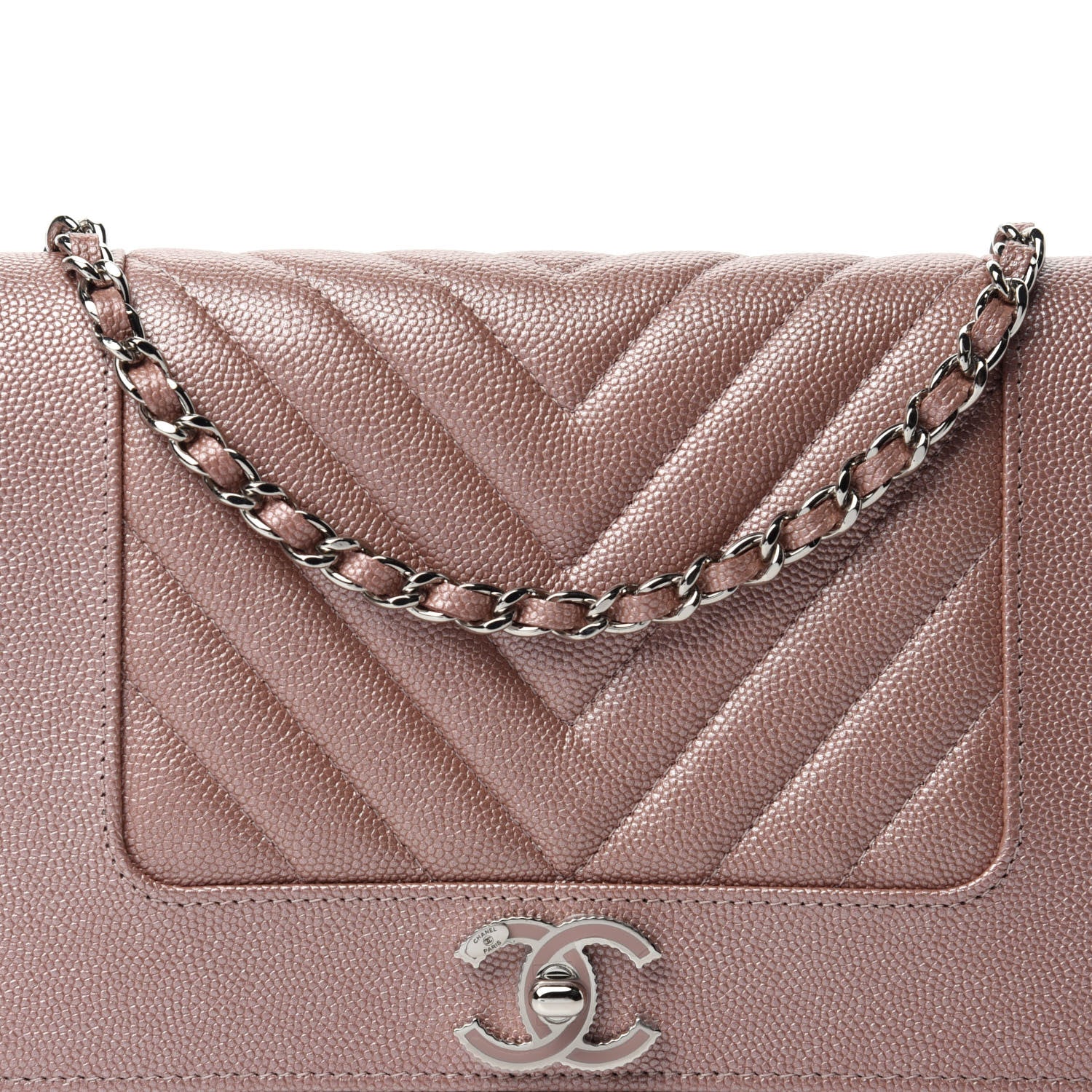 Chanel Metallic Caviar Chevron Quilted Vintage Mademoiselle Wallet On Chain WOC Pink 11 of 12