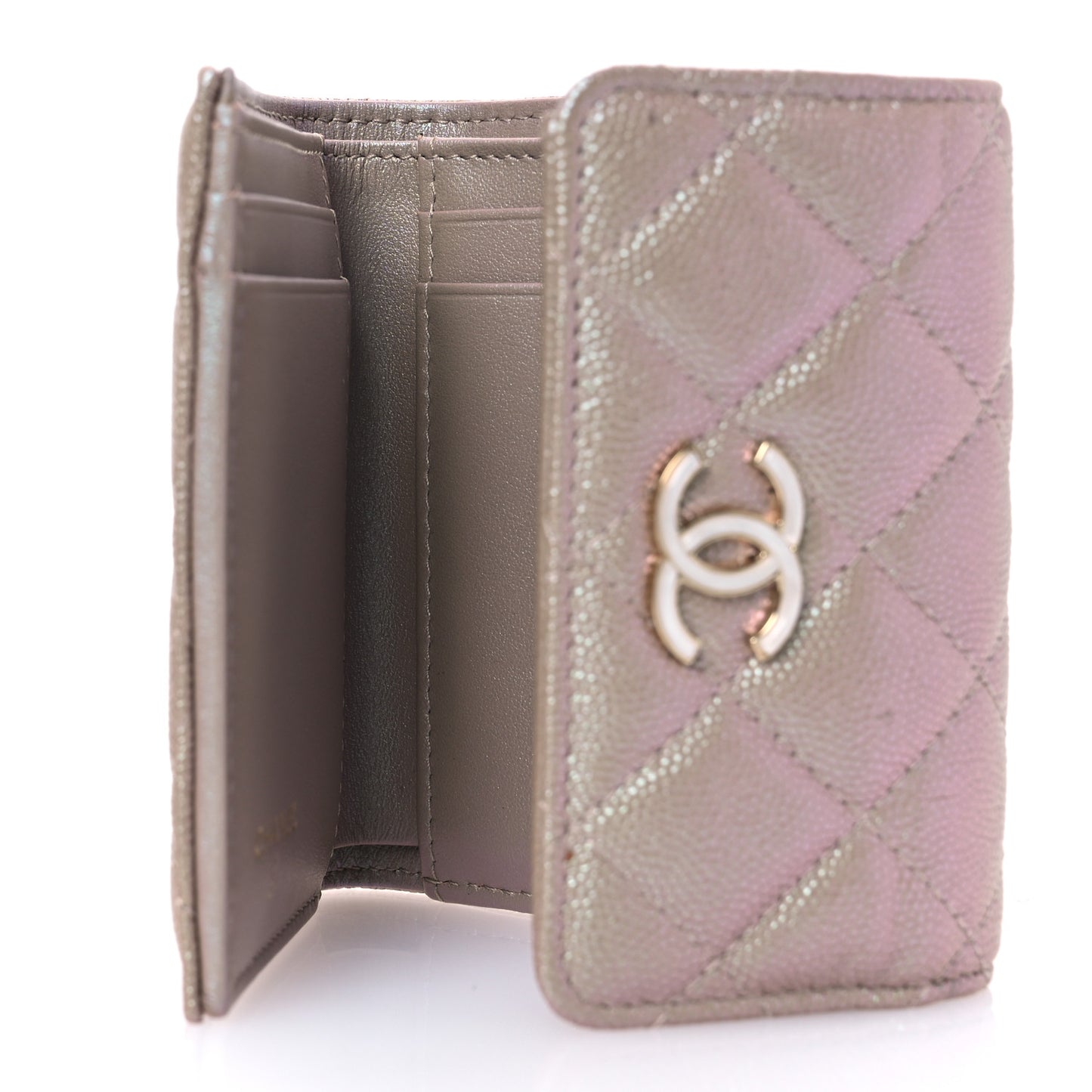 Iridescent Caviar Quilted Small Flap Wallet Beige