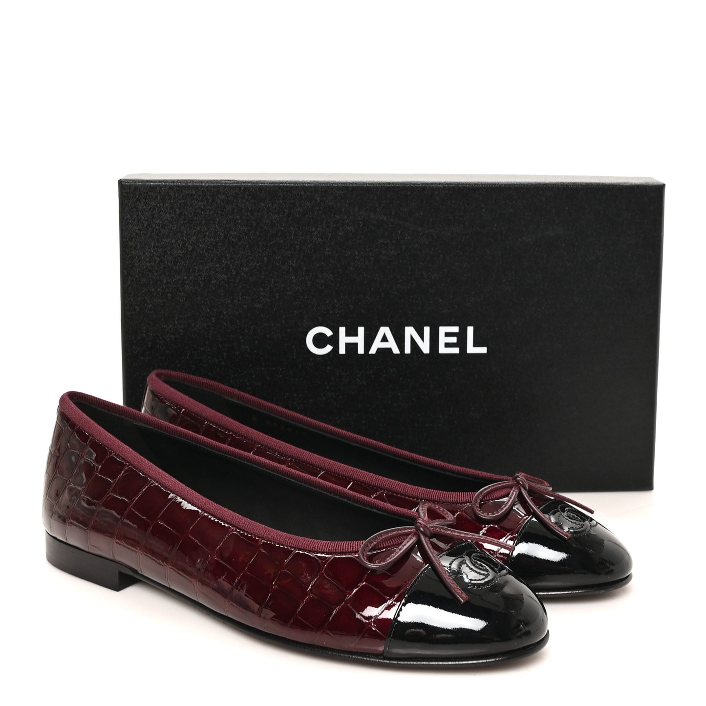 Crocodile Embossed Patent CC Cap Toe Ballerina Flats 40 Burgundy