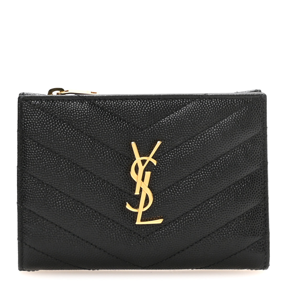 Saint Laurent Grain De Poudre Matelasse Chevron Monogram Zipped Two-Part Wallet Black 1 of 7