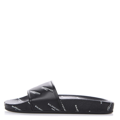 Balenciaga Nappa Allover Logo Embossed Womens Pool Slide Sandals 35 Black White 1 of 9