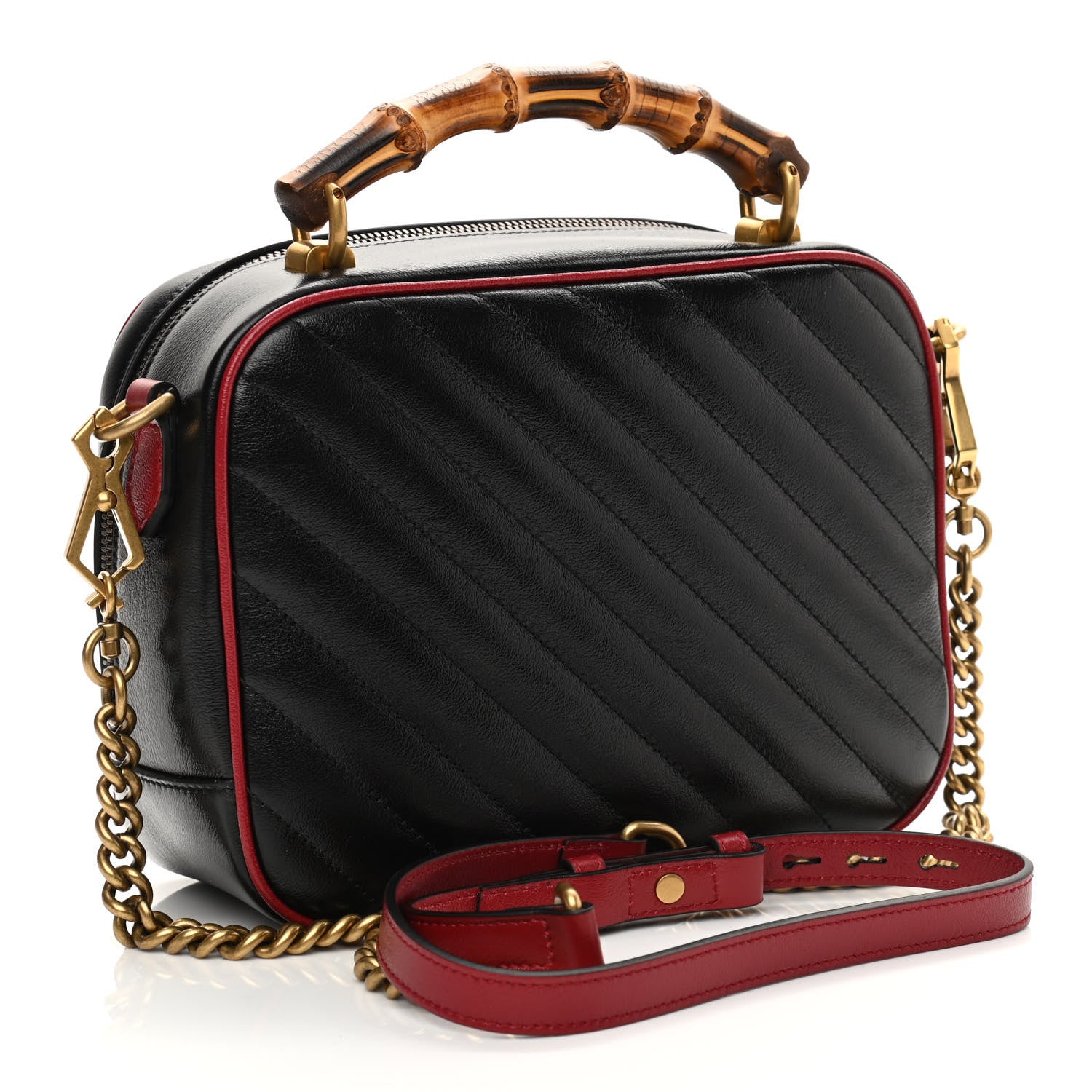 Gucci Vintage Effect Calfskin Matelasse Diagonal Small Torchon GG Marmont Bamboo Top Handle Shoulder Bag Black Romantic Cherry 3 of 13
