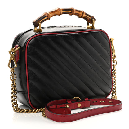 Gucci Vintage Effect Calfskin Matelasse Diagonal Small Torchon GG Marmont Bamboo Top Handle Shoulder Bag Black Romantic Cherry 3 of 13