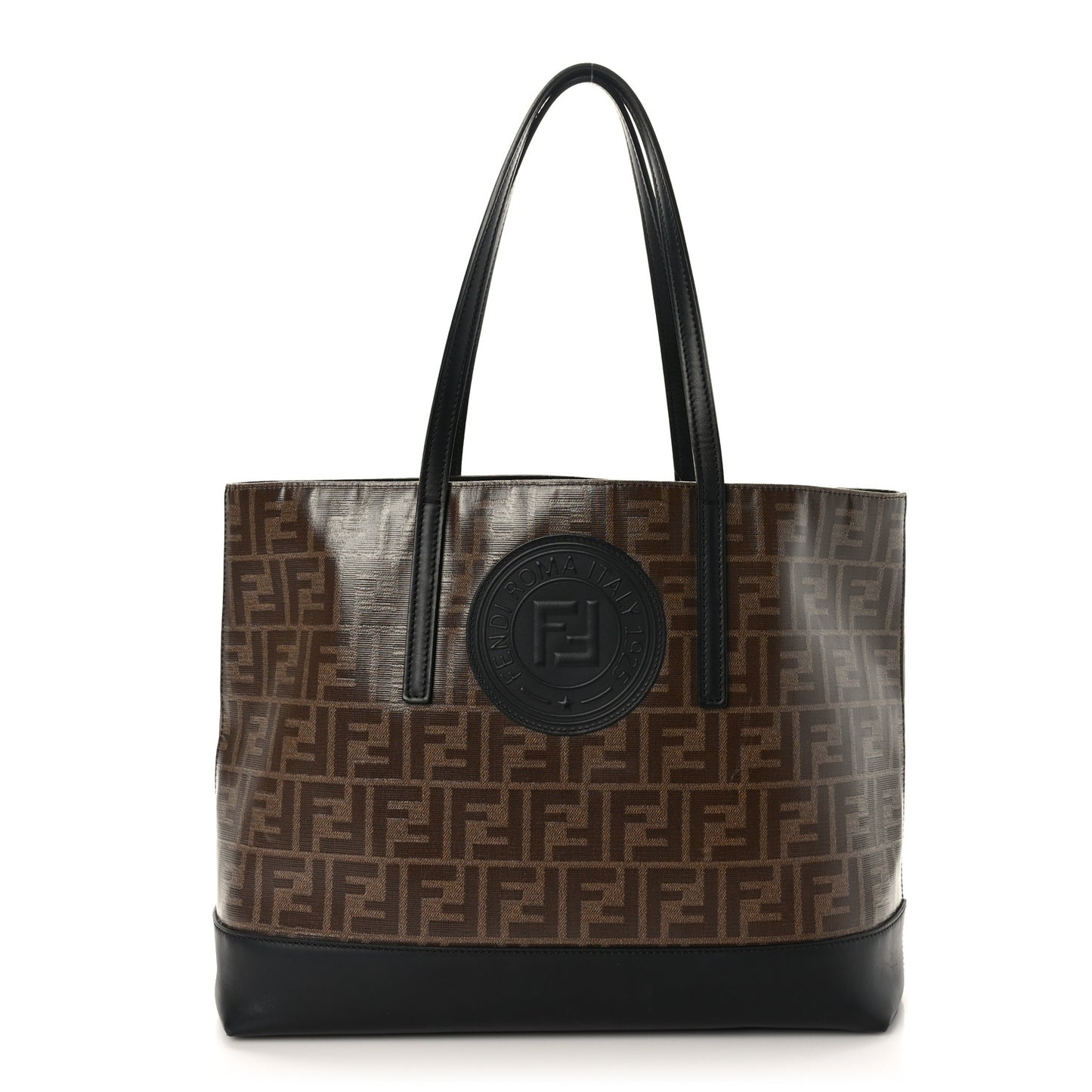 Glazed Fabric Vitello Century FF 1974 Stamp Patch Shopping Tote Mogano Panna Black