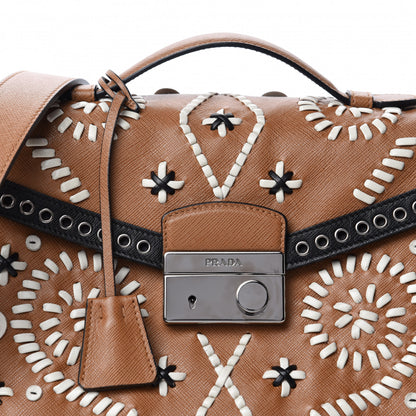 Prada Saffiano Embroidered Sound Twin Pocket Satchel Caramel 10 of 10